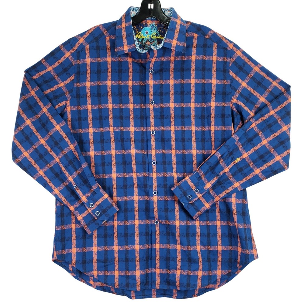 Robert Graham Paisley Jacquard Plaid Shirt Mens Large Blue Orange Classic Fit